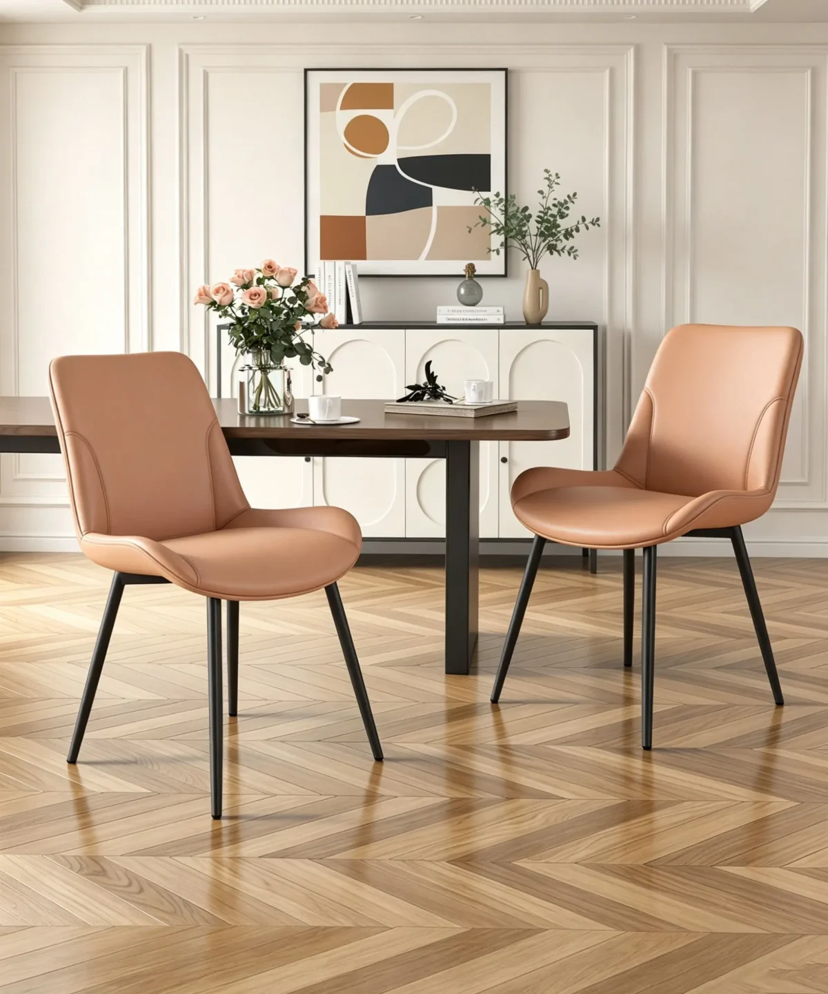 Sleek Ergonomic Set of 4 Dining Room Chairs Faux Leather brown